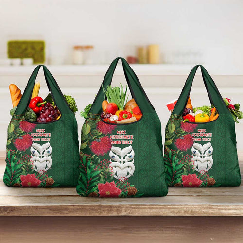 Maori Wheku Meri Kirihimete Personalised Grocery Bag All Green Indigenous Maori Motif - Aussie Hoodie