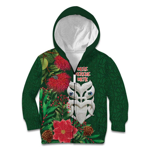 Maori Wheku Meri Kirihimete Personalised Kid Hoodie All Green Indigenous Maori Motif - Aussie Hoodie