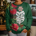 Maori Wheku Meri Kirihimete Personalised Kid Ugly Christmas Sweater All Green Indigenous Maori Motif - Aussie Hoodie