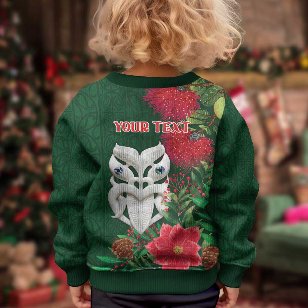 Maori Wheku Meri Kirihimete Personalised Kid Ugly Christmas Sweater All Green Indigenous Maori Motif - Aussie Hoodie