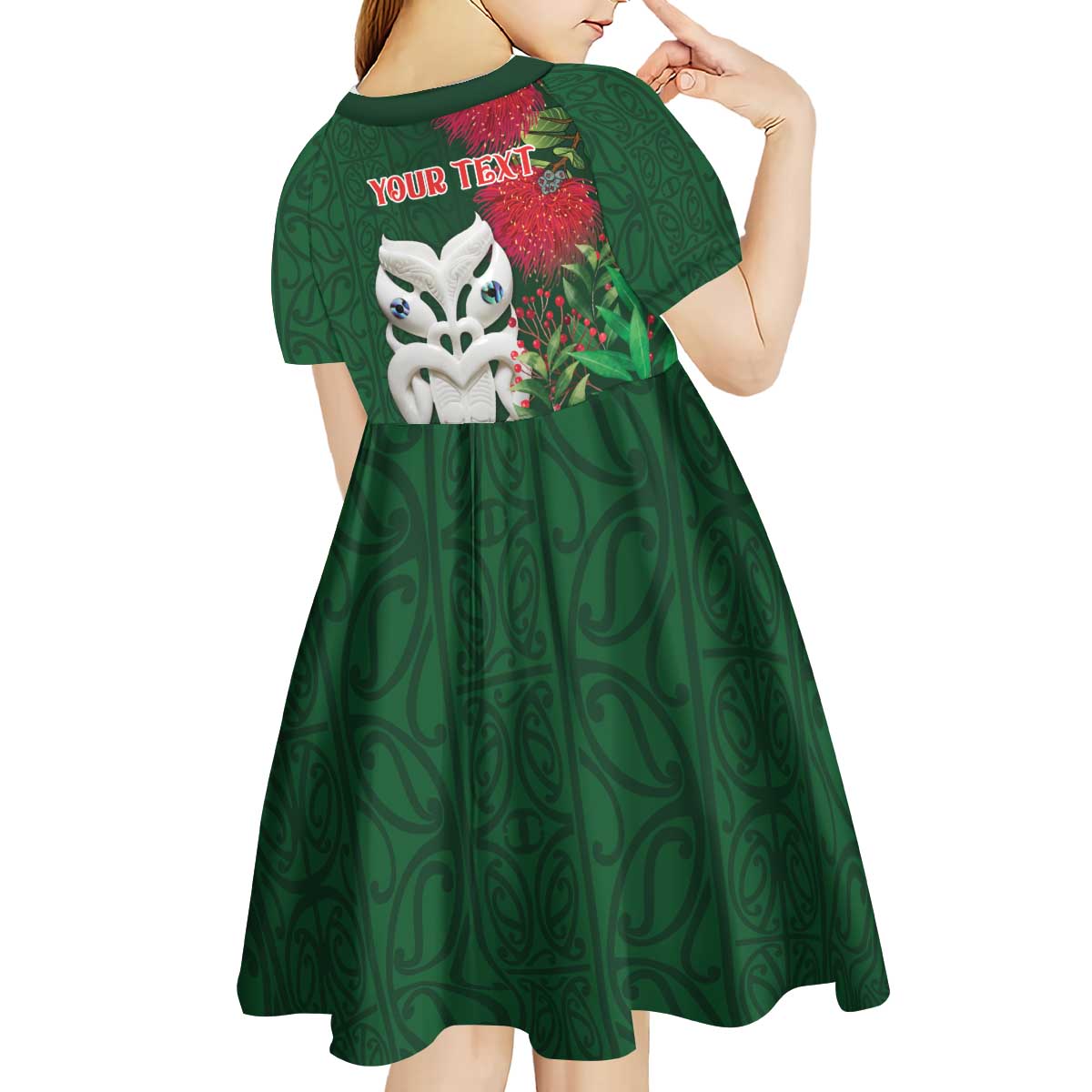 Maori Wheku Meri Kirihimete Personalised Kid Short Sleeve Dress All Green Indigenous Maori Motif - Aussie Hoodie