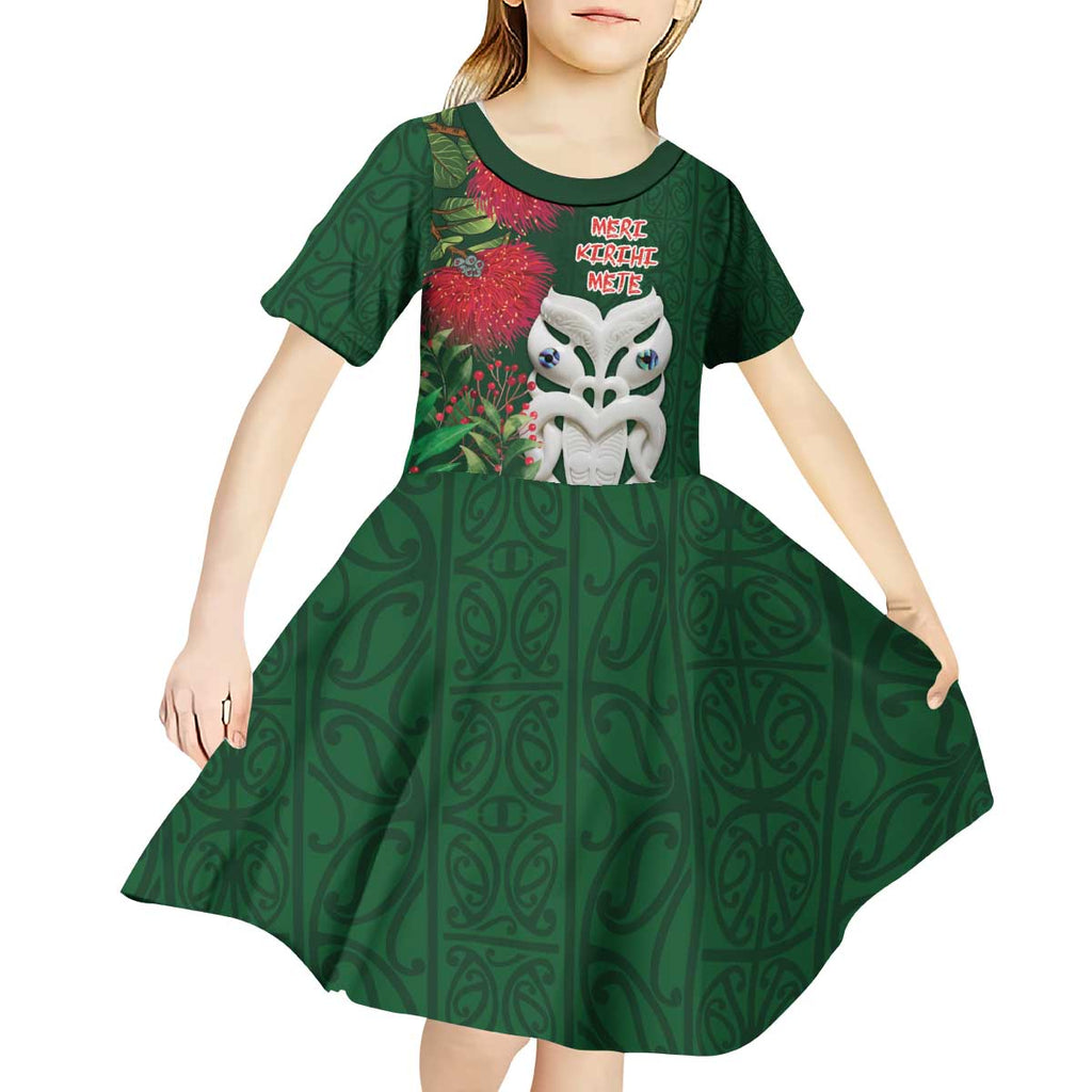 Maori Wheku Meri Kirihimete Personalised Kid Short Sleeve Dress All Green Indigenous Maori Motif - Aussie Hoodie