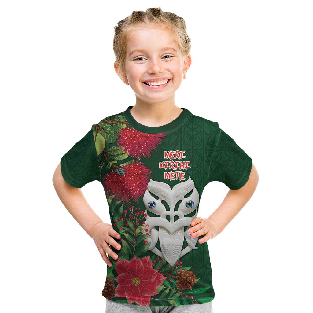 Maori Wheku Meri Kirihimete Personalised Kid T Shirt All Green Indigenous Maori Motif - Aussie Hoodie