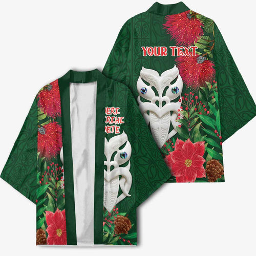 Maori Wheku Meri Kirihimete Personalised Kimono All Green Indigenous Maori Motif - Aussie Hoodie
