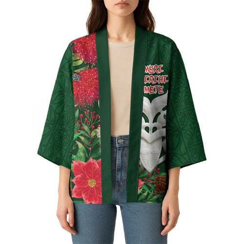 Maori Wheku Meri Kirihimete Personalised Kimono All Green Indigenous Maori Motif - Aussie Hoodie
