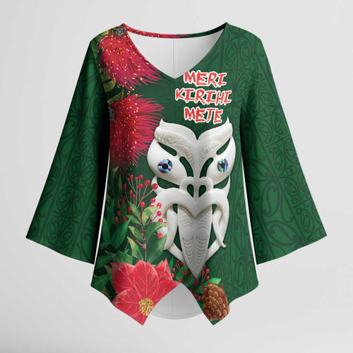 Maori Wheku Meri Kirihimete Personalised Kimono Sleeve Blouse All Green Indigenous Maori Motif - Aussie Hoodie
