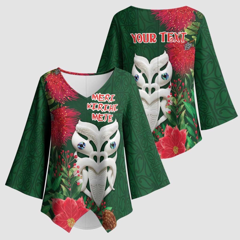 Maori Wheku Meri Kirihimete Personalised Kimono Sleeve Blouse All Green Indigenous Maori Motif - Aussie Hoodie