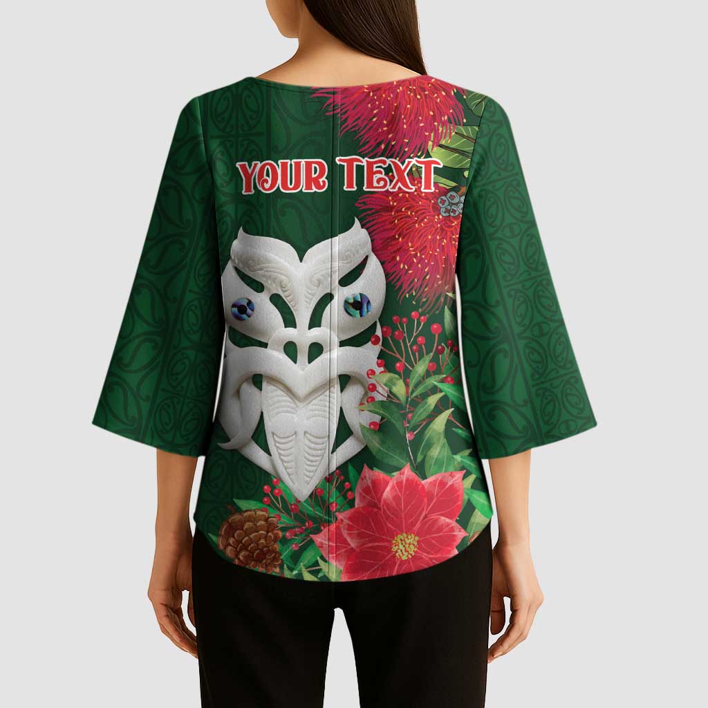 Maori Wheku Meri Kirihimete Personalised Kimono Sleeve Blouse All Green Indigenous Maori Motif - Aussie Hoodie