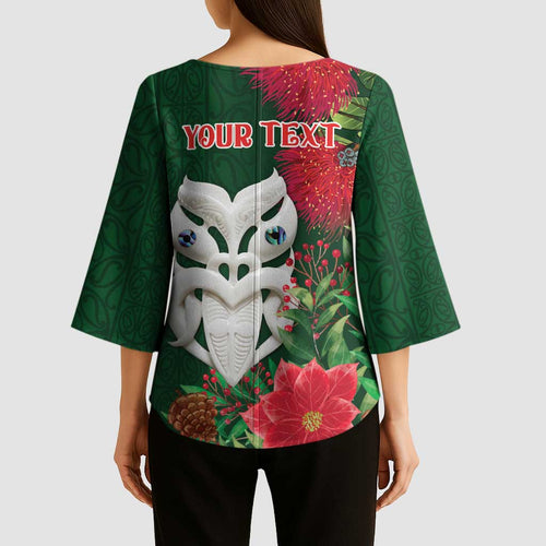 Maori Wheku Meri Kirihimete Personalised Kimono Sleeve Blouse All Green Indigenous Maori Motif - Aussie Hoodie