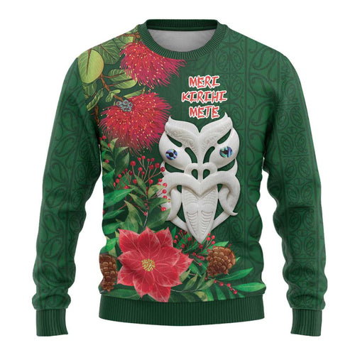 Maori Wheku Meri Kirihimete Personalised Ugly Christmas Sweater All Green Indigenous Maori Motif - Aussie Hoodie