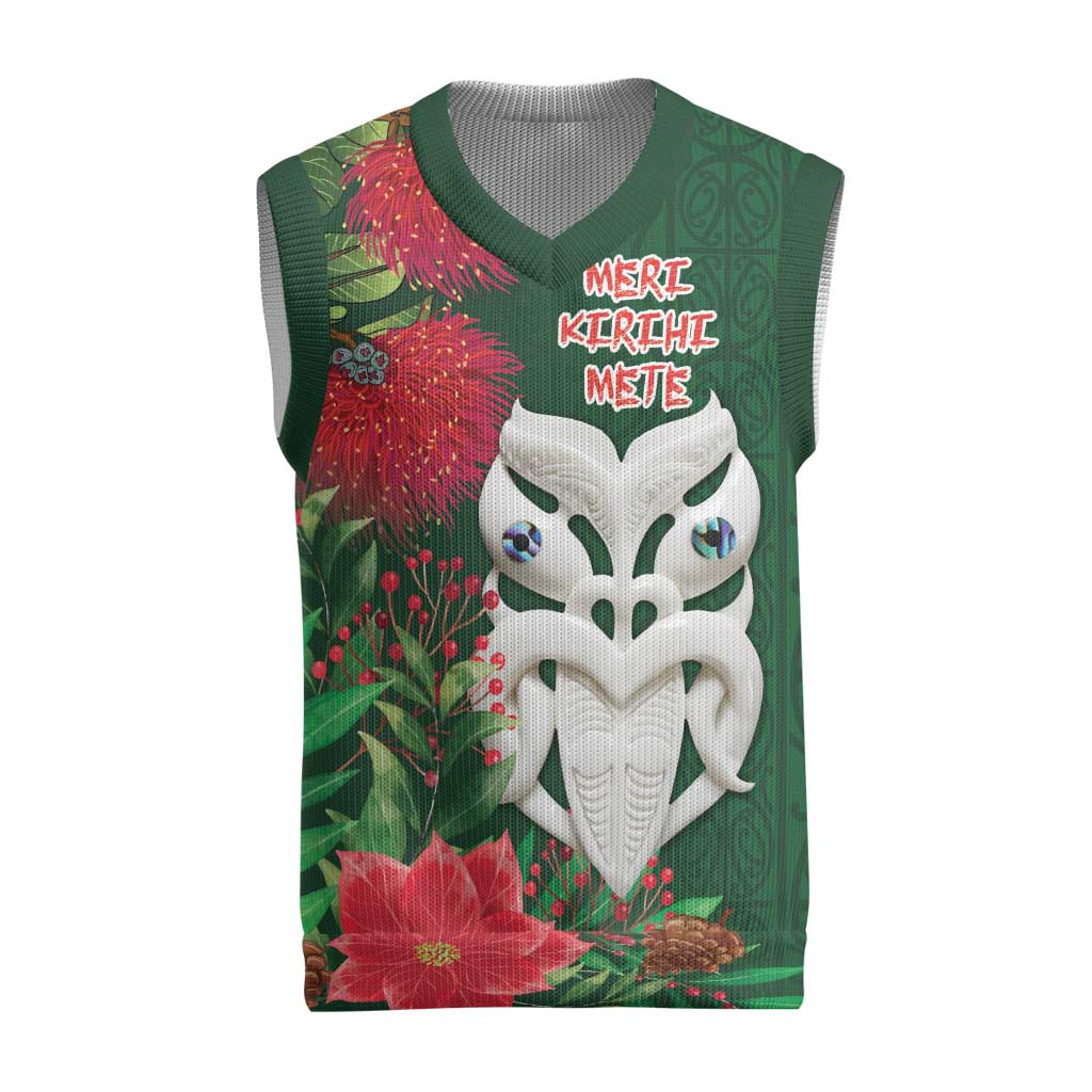 Maori Wheku Meri Kirihimete Personalised Christmas Knitted V-Neck Vest All Green Indigenous Maori Motif - Aussie Hoodie