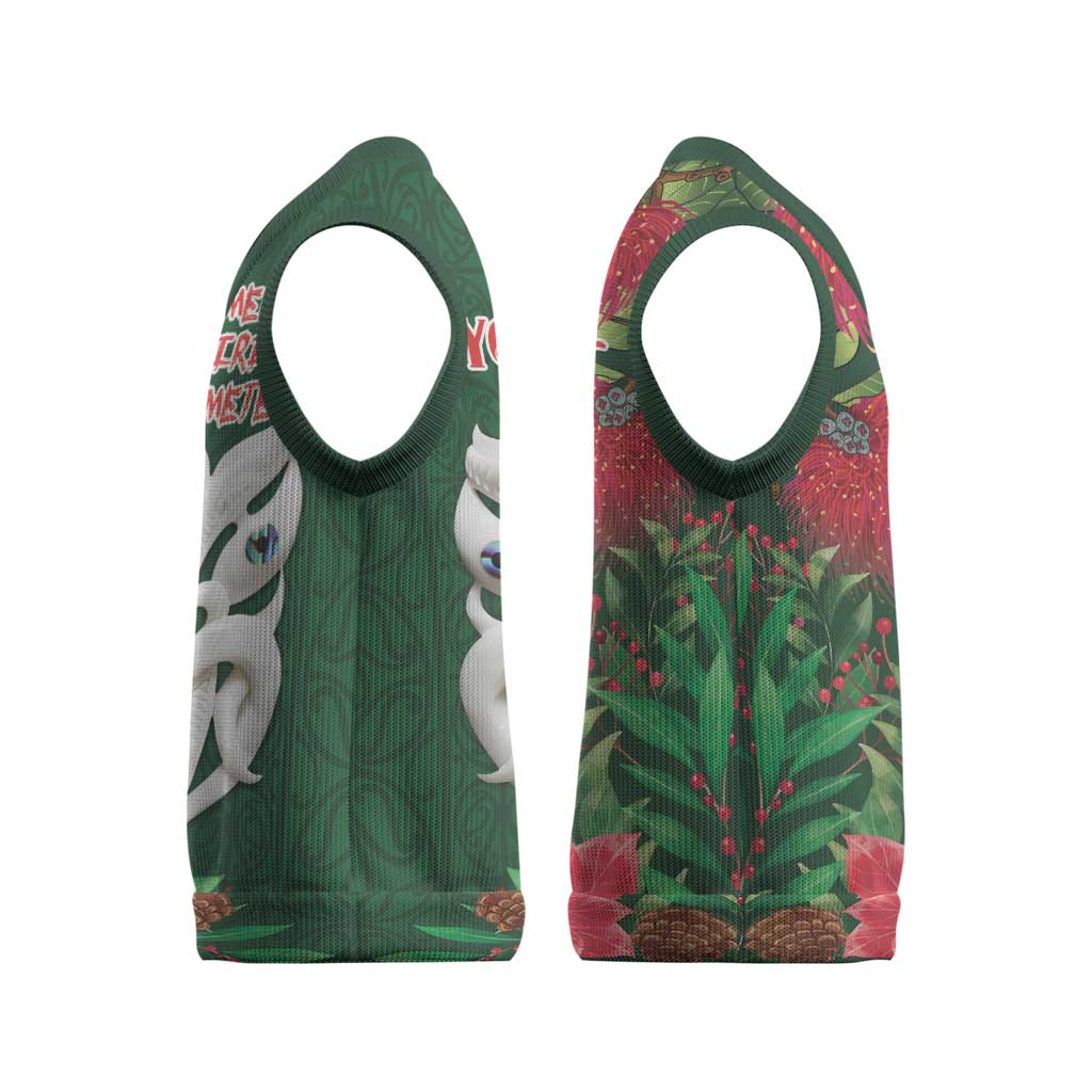 Maori Wheku Meri Kirihimete Personalised Christmas Knitted V-Neck Vest All Green Indigenous Maori Motif - Aussie Hoodie