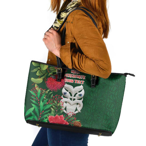Maori Wheku Meri Kirihimete Personalised Leather Tote Bag All Green Indigenous Maori Motif - Aussie Hoodie