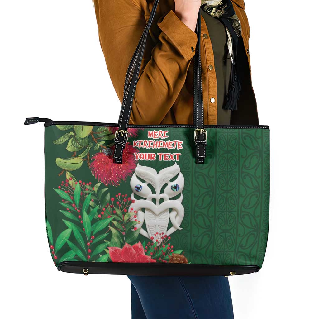 Maori Wheku Meri Kirihimete Personalised Leather Tote Bag All Green Indigenous Maori Motif - Aussie Hoodie