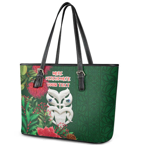 Maori Wheku Meri Kirihimete Personalised Leather Tote Bag All Green Indigenous Maori Motif - Aussie Hoodie