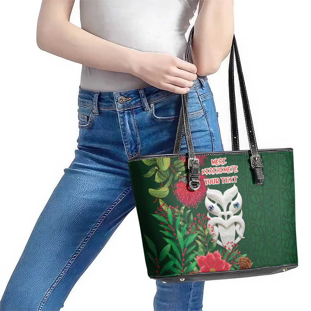 Maori Wheku Meri Kirihimete Personalised Leather Tote Bag All Green Indigenous Maori Motif - Aussie Hoodie