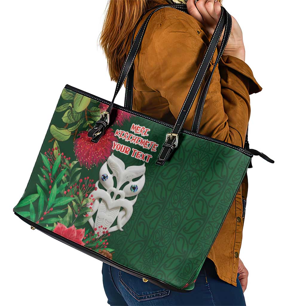 Maori Wheku Meri Kirihimete Personalised Leather Tote Bag All Green Indigenous Maori Motif - Aussie Hoodie