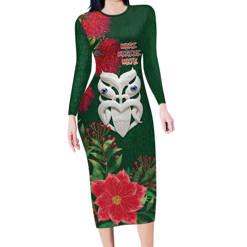 Maori Wheku Meri Kirihimete Personalised Long Sleeve Bodycon Dress All Green Indigenous Maori Motif - Aussie Hoodie