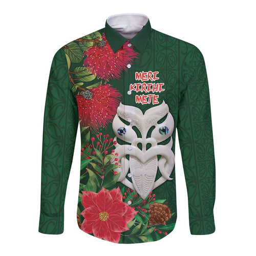 Maori Wheku Meri Kirihimete Personalised Long Sleeve Button Shirt All Green Indigenous Maori Motif - Aussie Hoodie