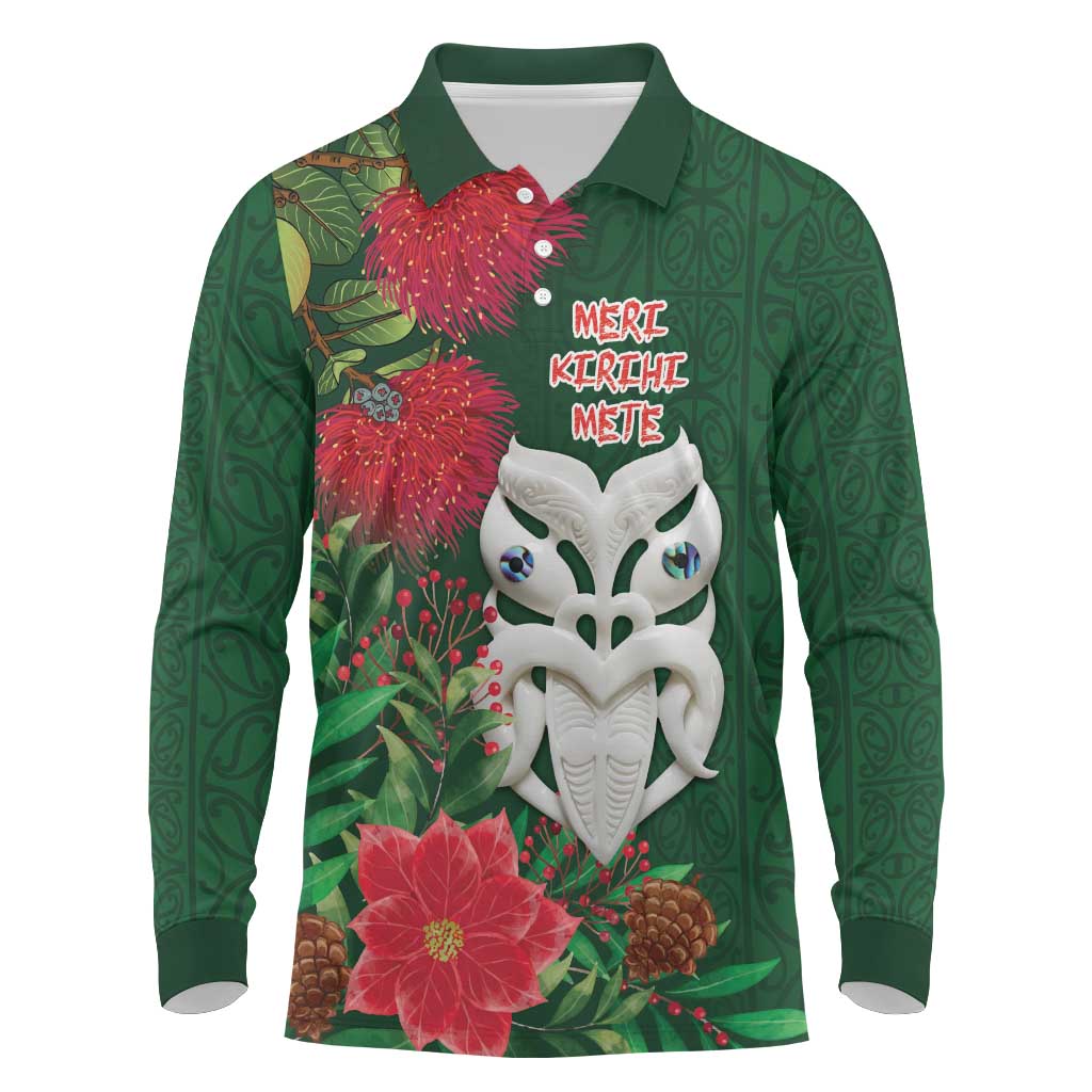 Maori Wheku Meri Kirihimete Personalised Long Sleeve Polo Shirt All Green Indigenous Maori Motif - Aussie Hoodie