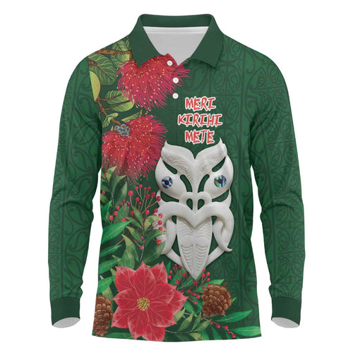 Maori Wheku Meri Kirihimete Personalised Long Sleeve Polo Shirt All Green Indigenous Maori Motif - Aussie Hoodie