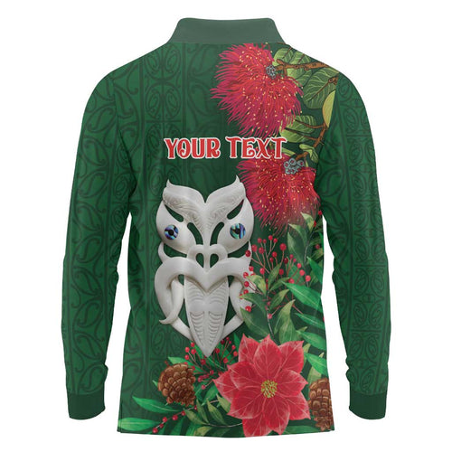 Maori Wheku Meri Kirihimete Personalised Long Sleeve Polo Shirt All Green Indigenous Maori Motif - Aussie Hoodie