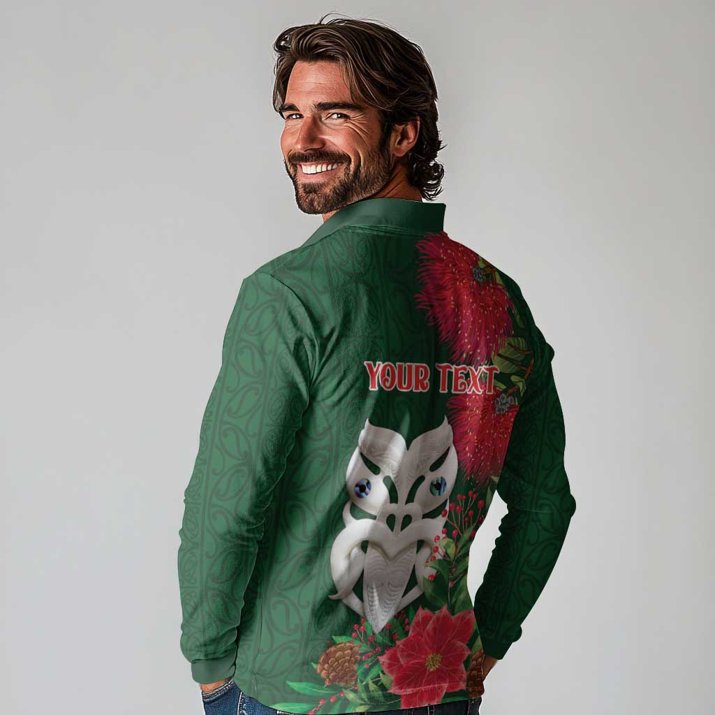 Maori Wheku Meri Kirihimete Personalised Long Sleeve Polo Shirt All Green Indigenous Maori Motif - Aussie Hoodie