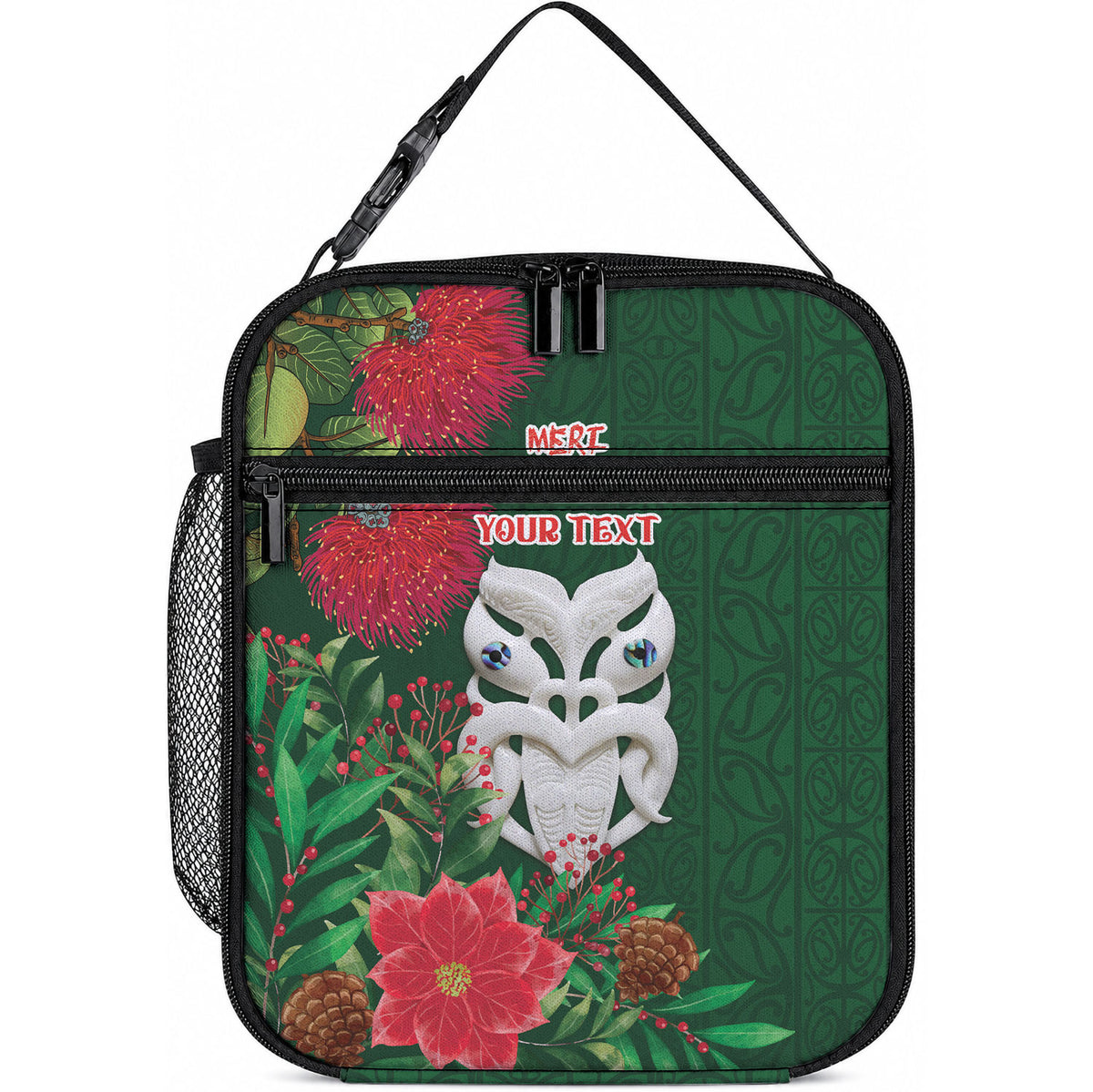 Maori Wheku Meri Kirihimete Personalised Lunch Bag All Green Indigenous Maori Motif
