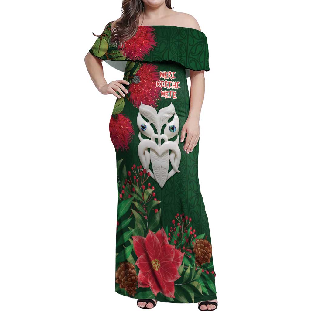 Maori Wheku Meri Kirihimete Personalised Off Shoulder Maxi Dress All Green Indigenous Maori Motif - Aussie Hoodie
