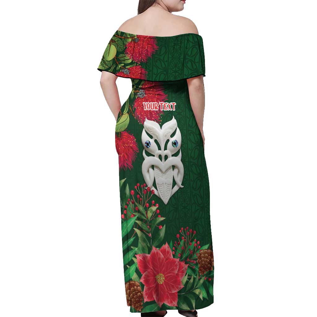 Maori Wheku Meri Kirihimete Personalised Off Shoulder Maxi Dress All Green Indigenous Maori Motif - Aussie Hoodie