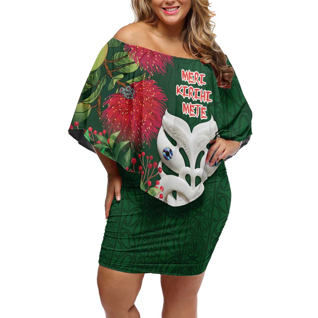 Maori Wheku Meri Kirihimete Personalised Off Shoulder Short Dress All Green Indigenous Maori Motif - Aussie Hoodie