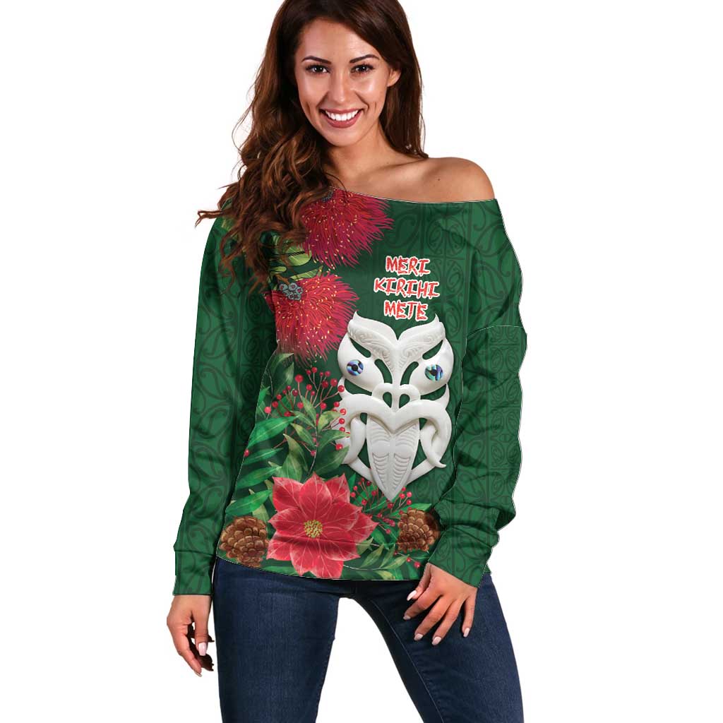 Maori Wheku Meri Kirihimete Personalised Off Shoulder Sweater All Green Indigenous Maori Motif - Aussie Hoodie
