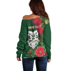 Maori Wheku Meri Kirihimete Personalised Off Shoulder Sweater All Green Indigenous Maori Motif - Aussie Hoodie