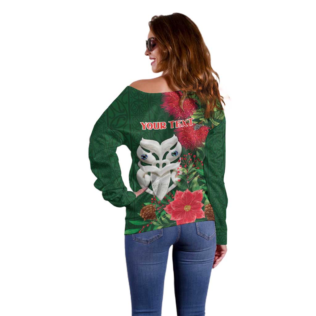 Maori Wheku Meri Kirihimete Personalised Off Shoulder Sweater All Green Indigenous Maori Motif - Aussie Hoodie