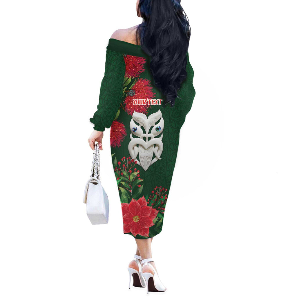 Maori Wheku Meri Kirihimete Personalised Off The Shoulder Long Sleeve Dress All Green Indigenous Maori Motif - Aussie Hoodie