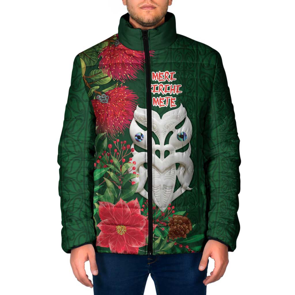 Maori Wheku Meri Kirihimete Personalised Padded Jacket All Green Indigenous Maori Motif - Aussie Hoodie
