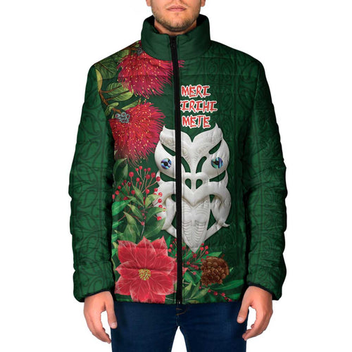 Maori Wheku Meri Kirihimete Personalised Padded Jacket All Green Indigenous Maori Motif - Aussie Hoodie