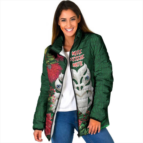 Maori Wheku Meri Kirihimete Personalised Padded Jacket All Green Indigenous Maori Motif - Aussie Hoodie