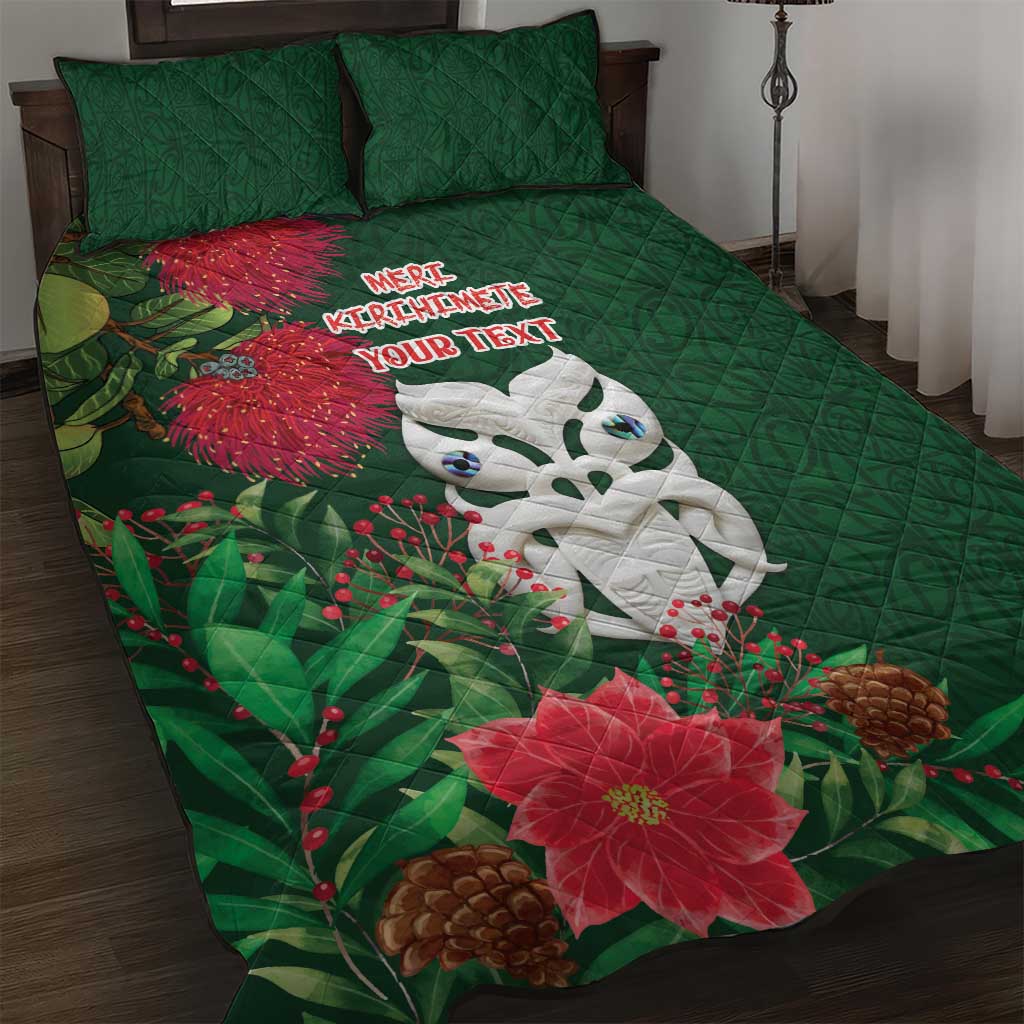 Maori Wheku Meri Kirihimete Personalised Quilt Bed Set All Green Indigenous Maori Motif - Aussie Hoodie