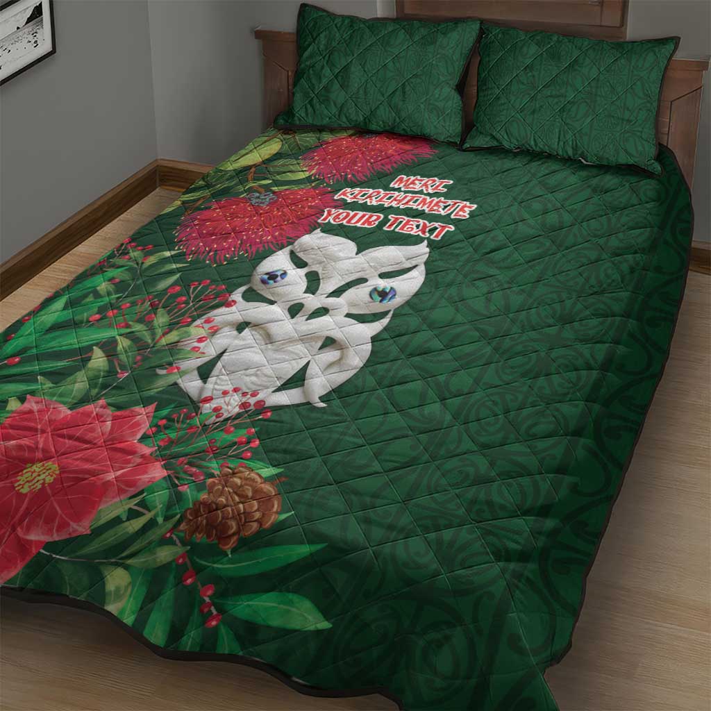 Maori Wheku Meri Kirihimete Personalised Quilt Bed Set All Green Indigenous Maori Motif - Aussie Hoodie