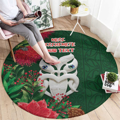 Maori Wheku Meri Kirihimete Personalised Round Carpet All Green Indigenous Maori Motif - Aussie Hoodie