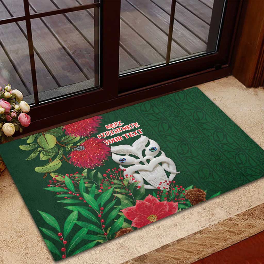 Maori Wheku Meri Kirihimete Personalised Rubber Doormat All Green Indigenous Maori Motif - Aussie Hoodie