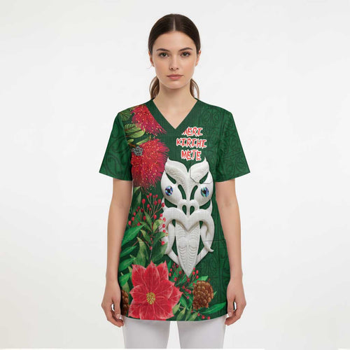 Maori Wheku Meri Kirihimete Personalised Scrub Top All Green Indigenous Maori Motif - Aussie Hoodie