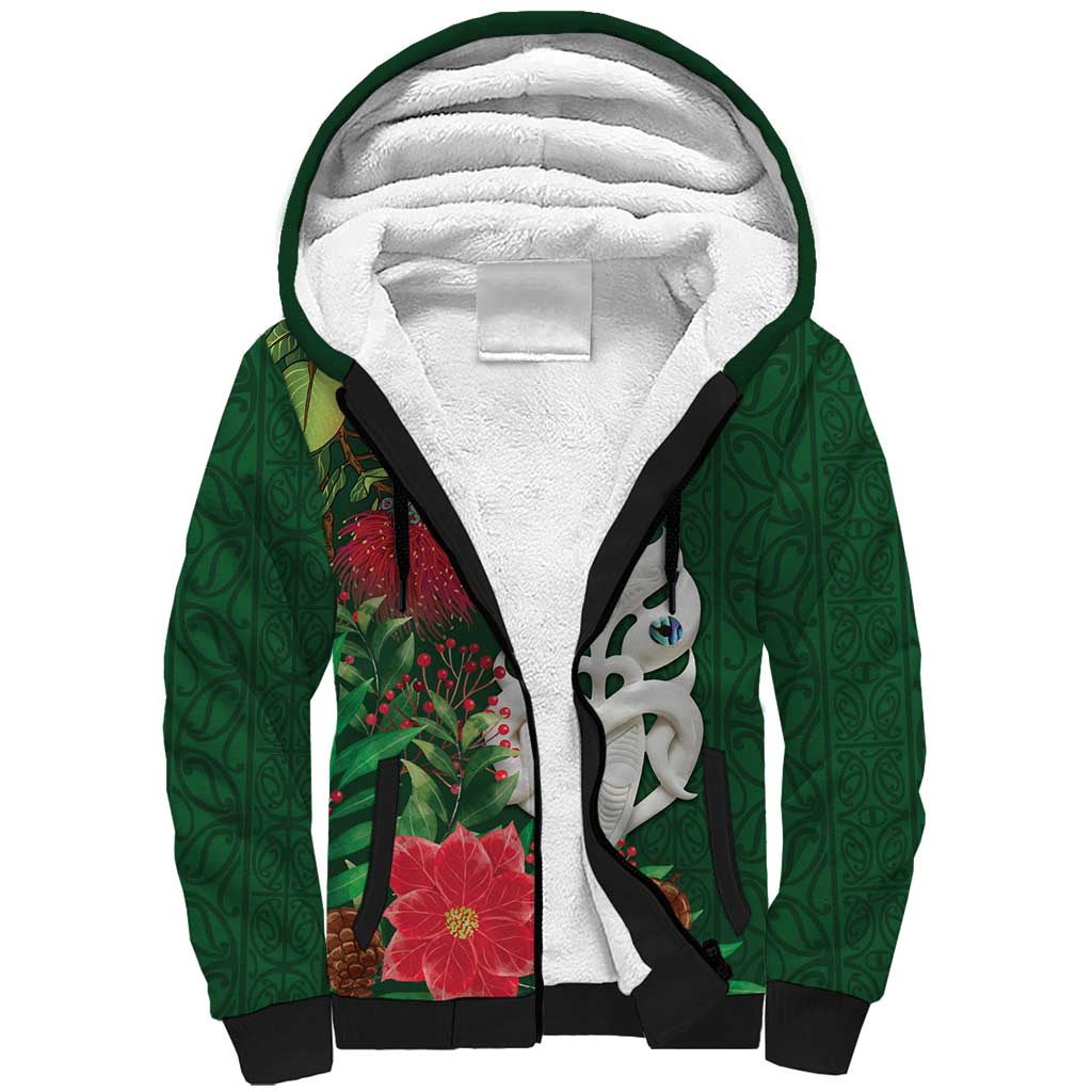 Maori Wheku Meri Kirihimete Personalised Sherpa Hoodie All Green Indigenous Maori Motif - Aussie Hoodie