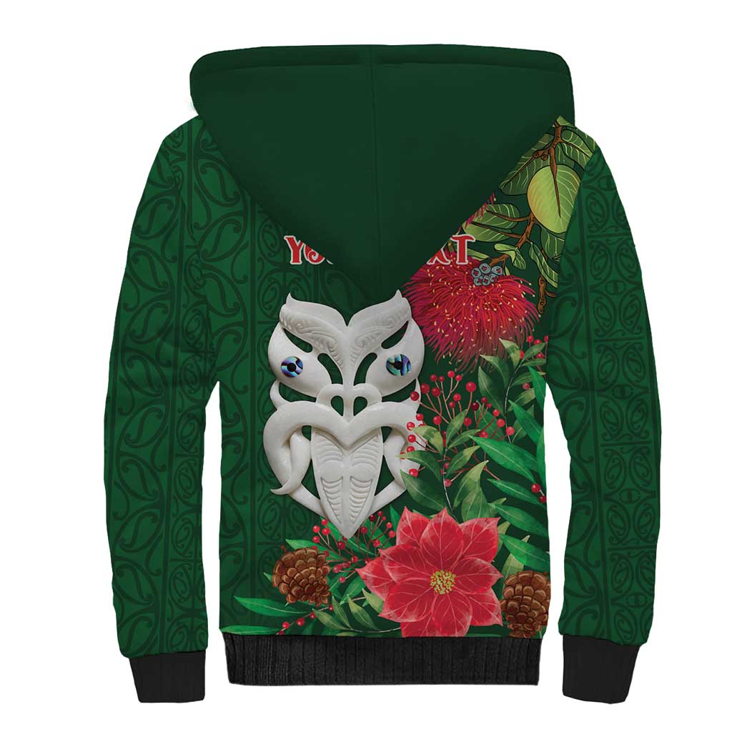 Maori Wheku Meri Kirihimete Personalised Sherpa Hoodie All Green Indigenous Maori Motif - Aussie Hoodie
