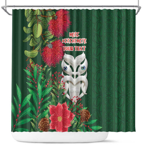 Maori Wheku Meri Kirihimete Personalised Shower Curtain All Green Indigenous Maori Motif - Aussie Hoodie