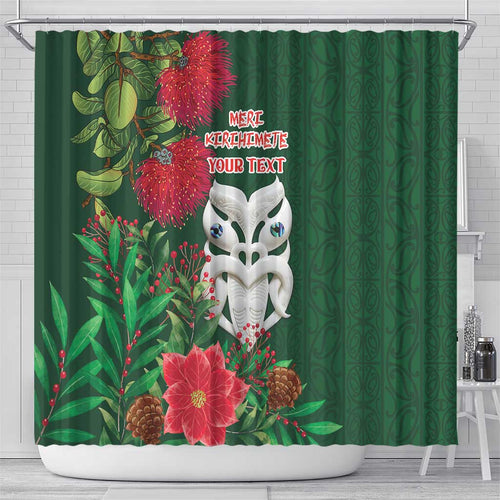 Maori Wheku Meri Kirihimete Personalised Shower Curtain All Green Indigenous Maori Motif - Aussie Hoodie