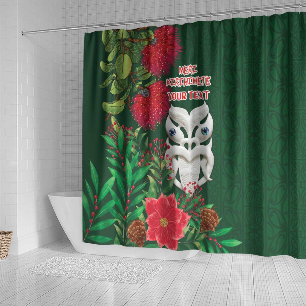 Maori Wheku Meri Kirihimete Personalised Shower Curtain All Green Indigenous Maori Motif - Aussie Hoodie