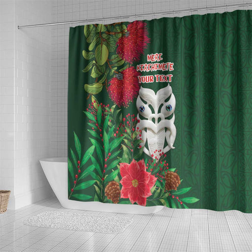 Maori Wheku Meri Kirihimete Personalised Shower Curtain All Green Indigenous Maori Motif - Aussie Hoodie