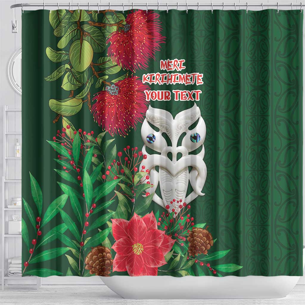Maori Wheku Meri Kirihimete Personalised Shower Curtain All Green Indigenous Maori Motif - Aussie Hoodie
